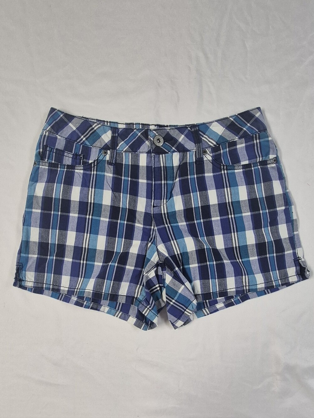 Y2K Faded Glory Blue Plaid Low Rise Shorts Womens Size 6 Preppy Style Mini